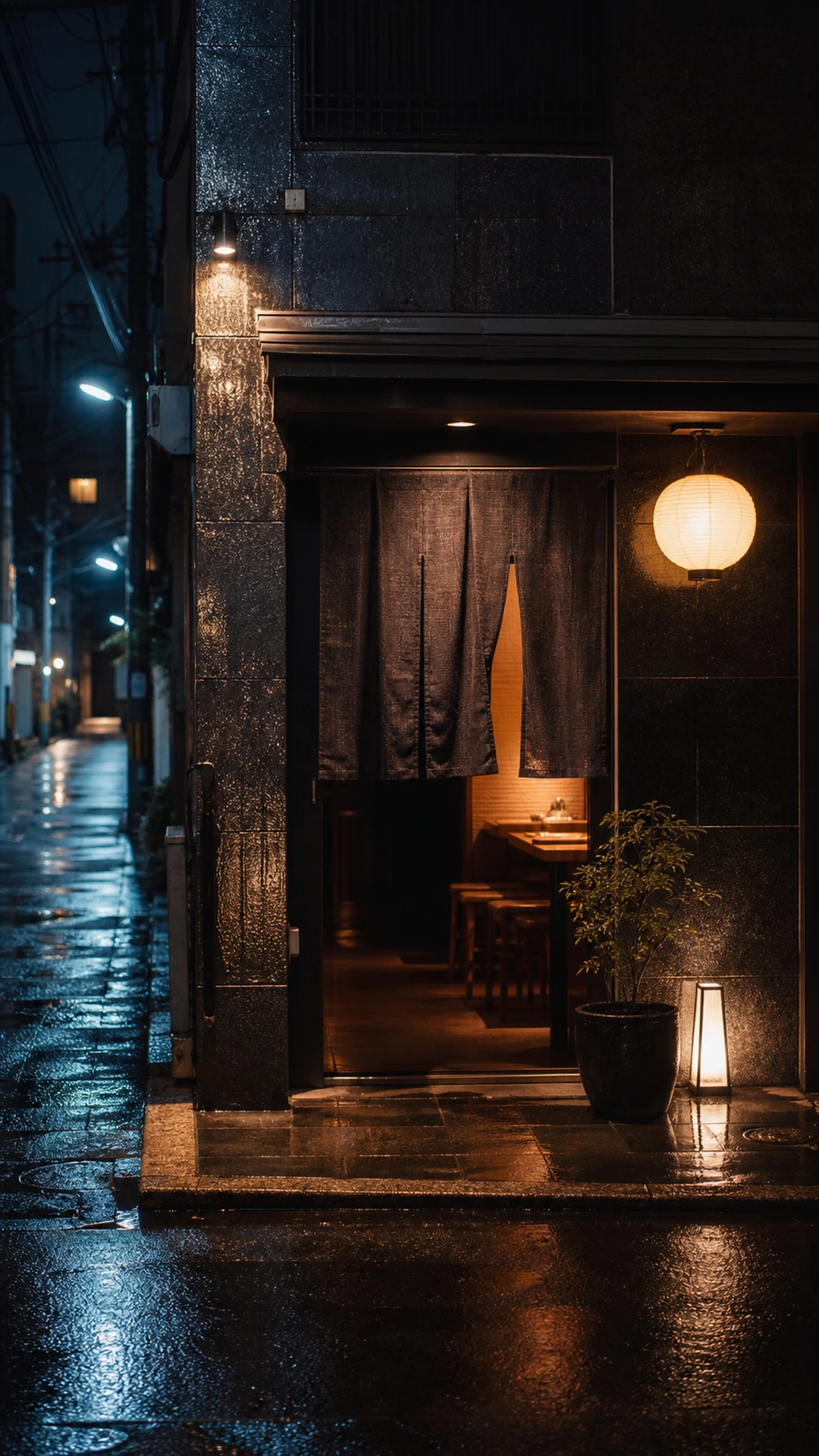 海滨城市雨夜中的无字日料店入口