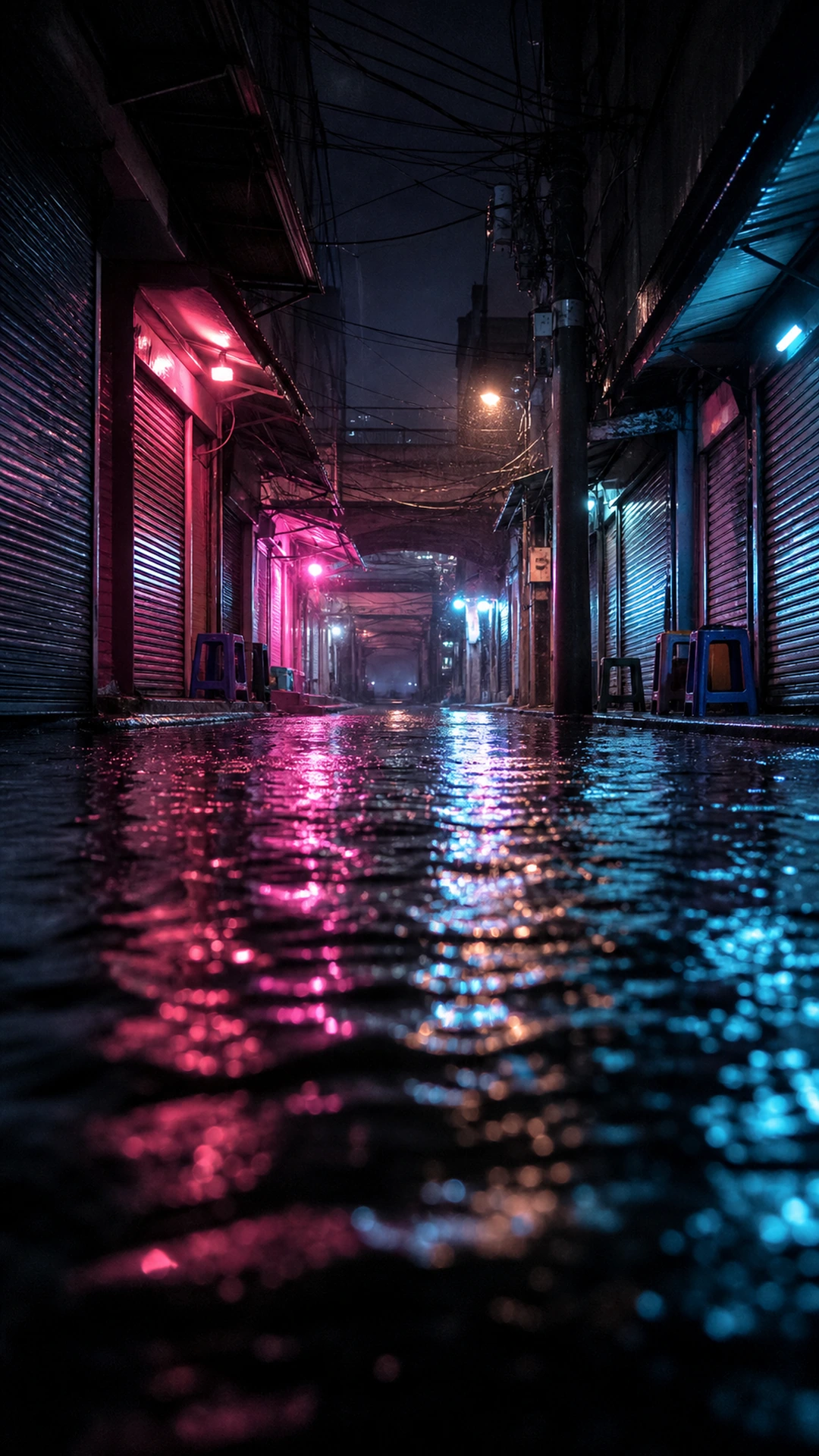 暴雨后被浅水淹没的无名商业小巷