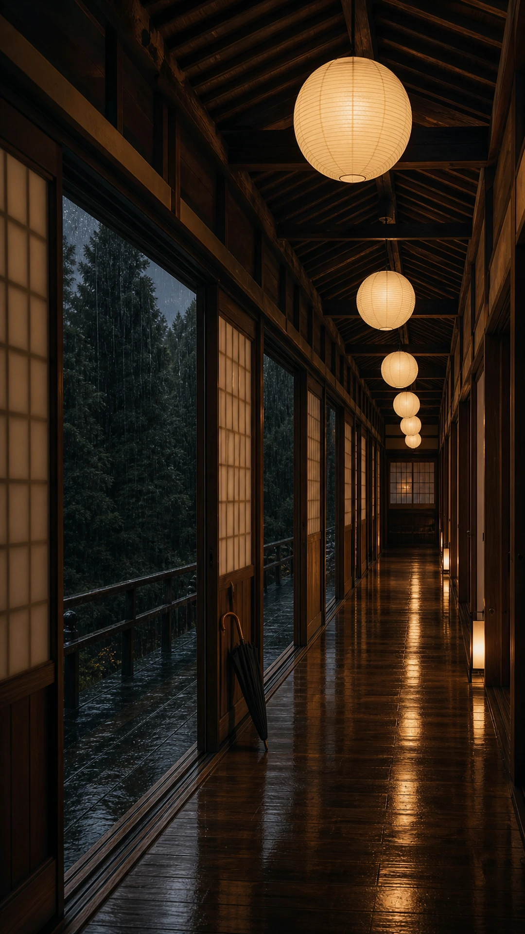 纸灯重复延伸的山中木廊与雨林