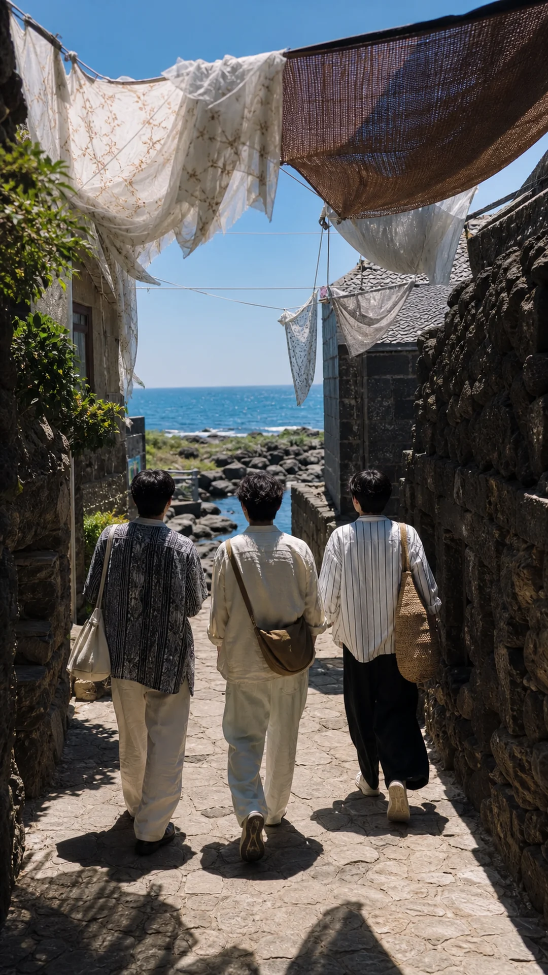 三名虚构旅人走向海岸的石巷