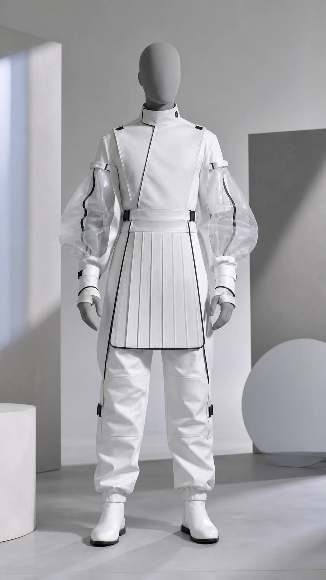 提取技术白、锋利黑缝与工作服轮廓，原创为无标识的实验服装展品。