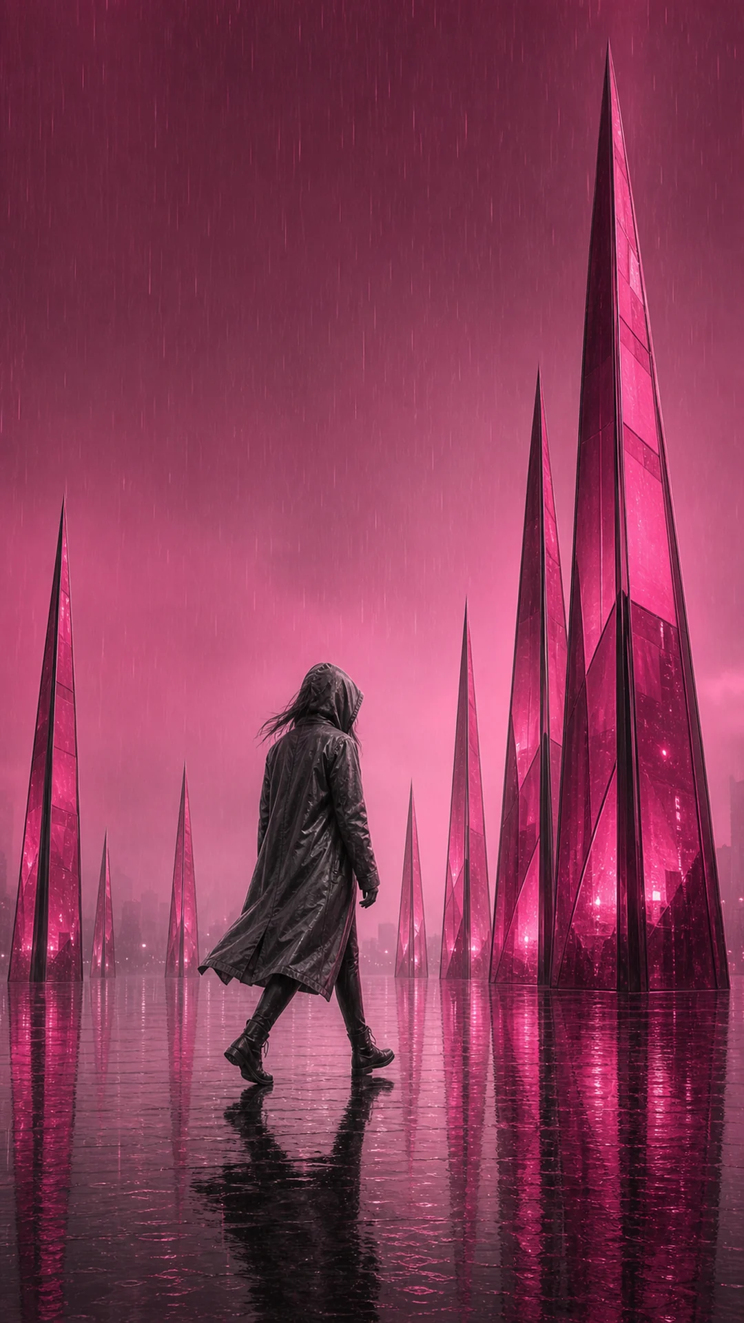 提取强色场与深色人物反差，改写为品红城市雨景。