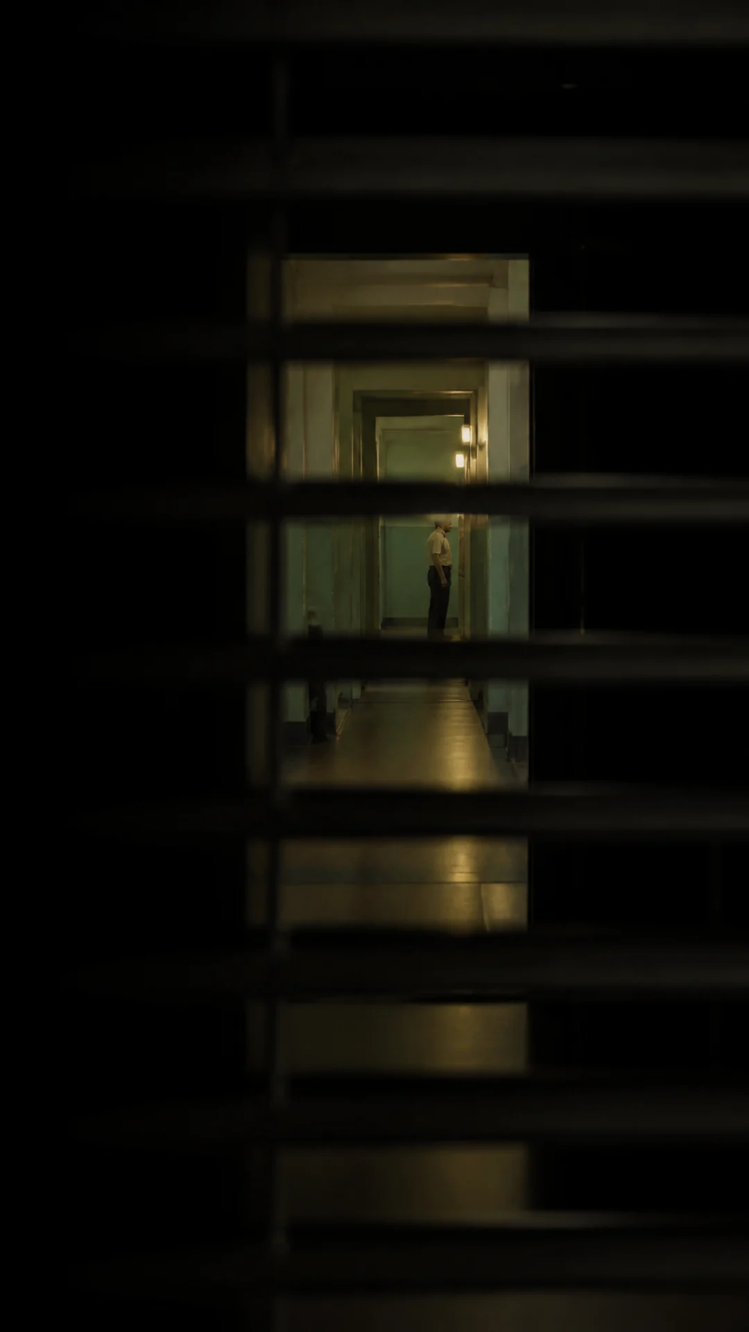 提取天然画框和不可接近感，原创为百叶窗后的长廊人物。