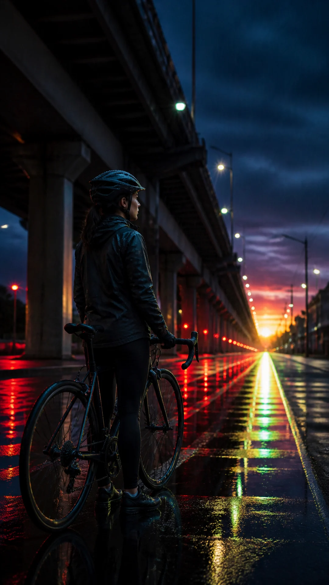 借鉴城市透视与雨夜反光，原创重构通勤人物。