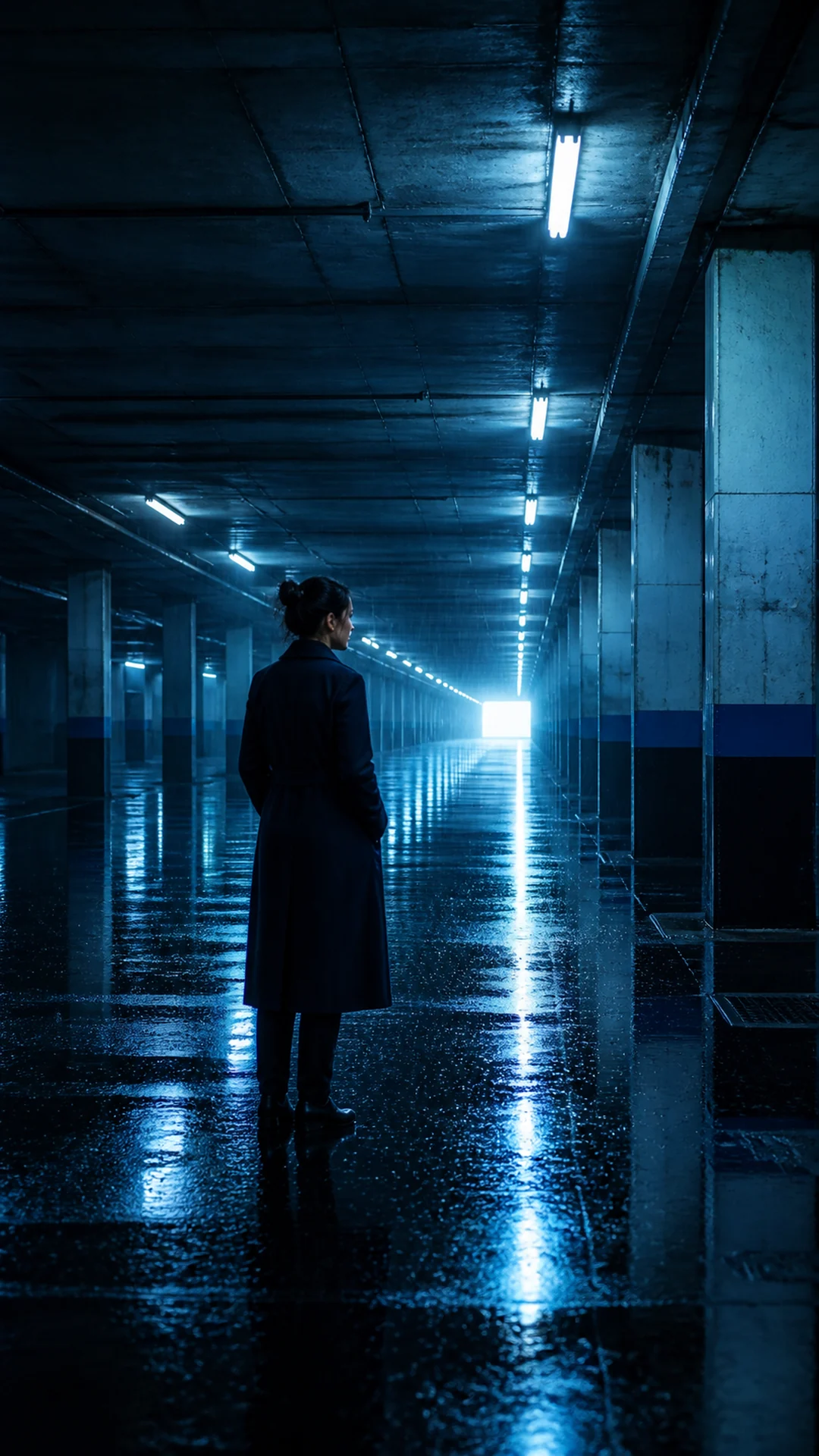 借鉴蓝黑穿搭与冷色氛围，原创重构被雨水淹没的停车空间。