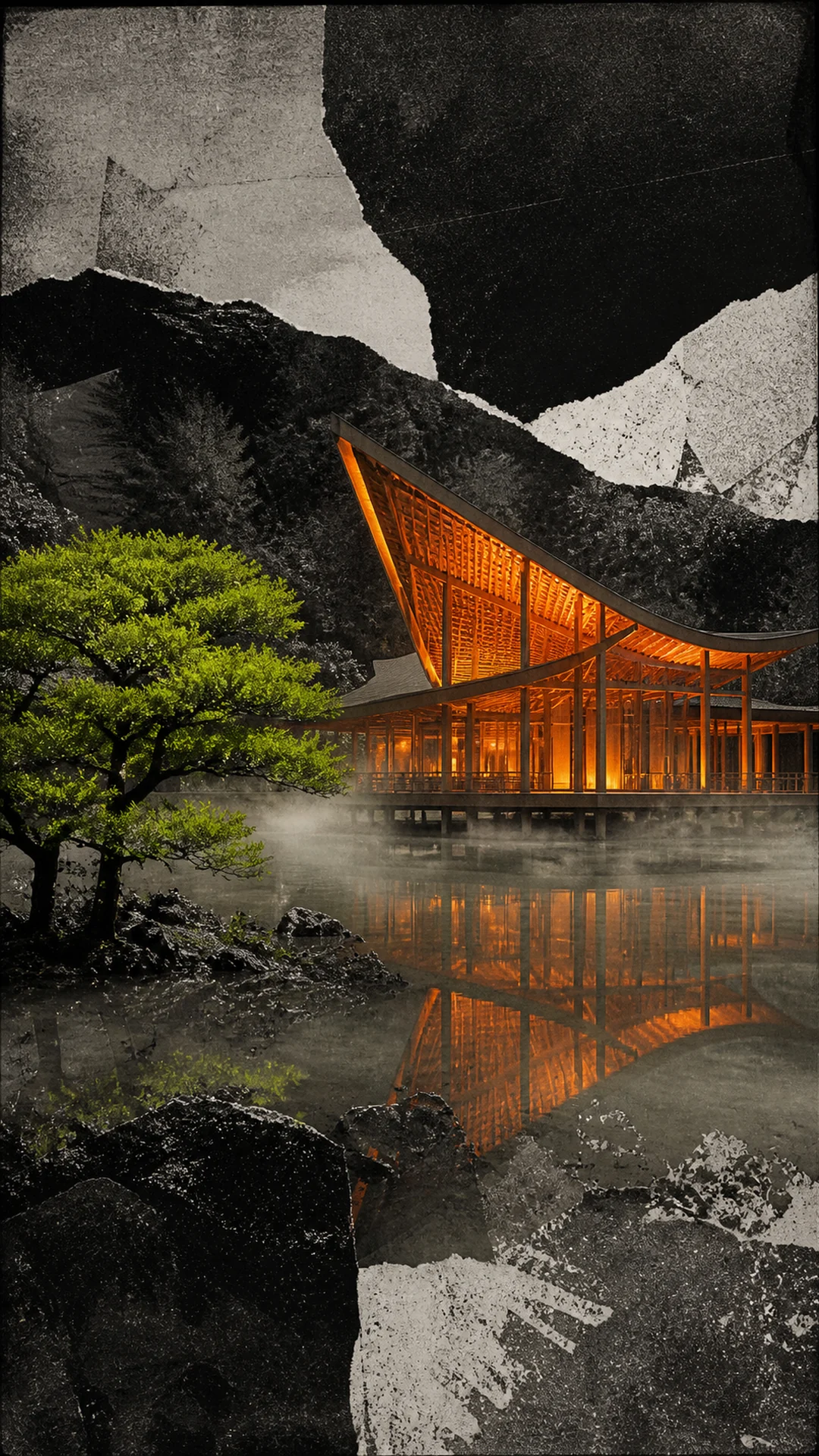 将原创现代亭阁置于拼贴夜景和薄雾中