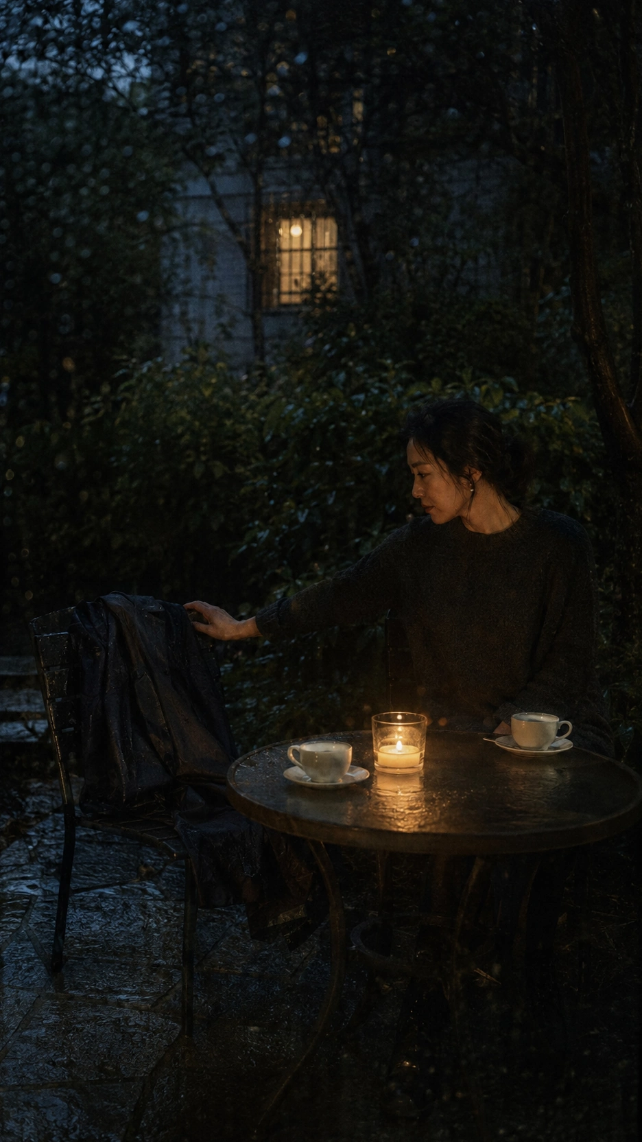 为缺席留灯｜夜桌、空椅上的雨衣、两只未动的茶杯