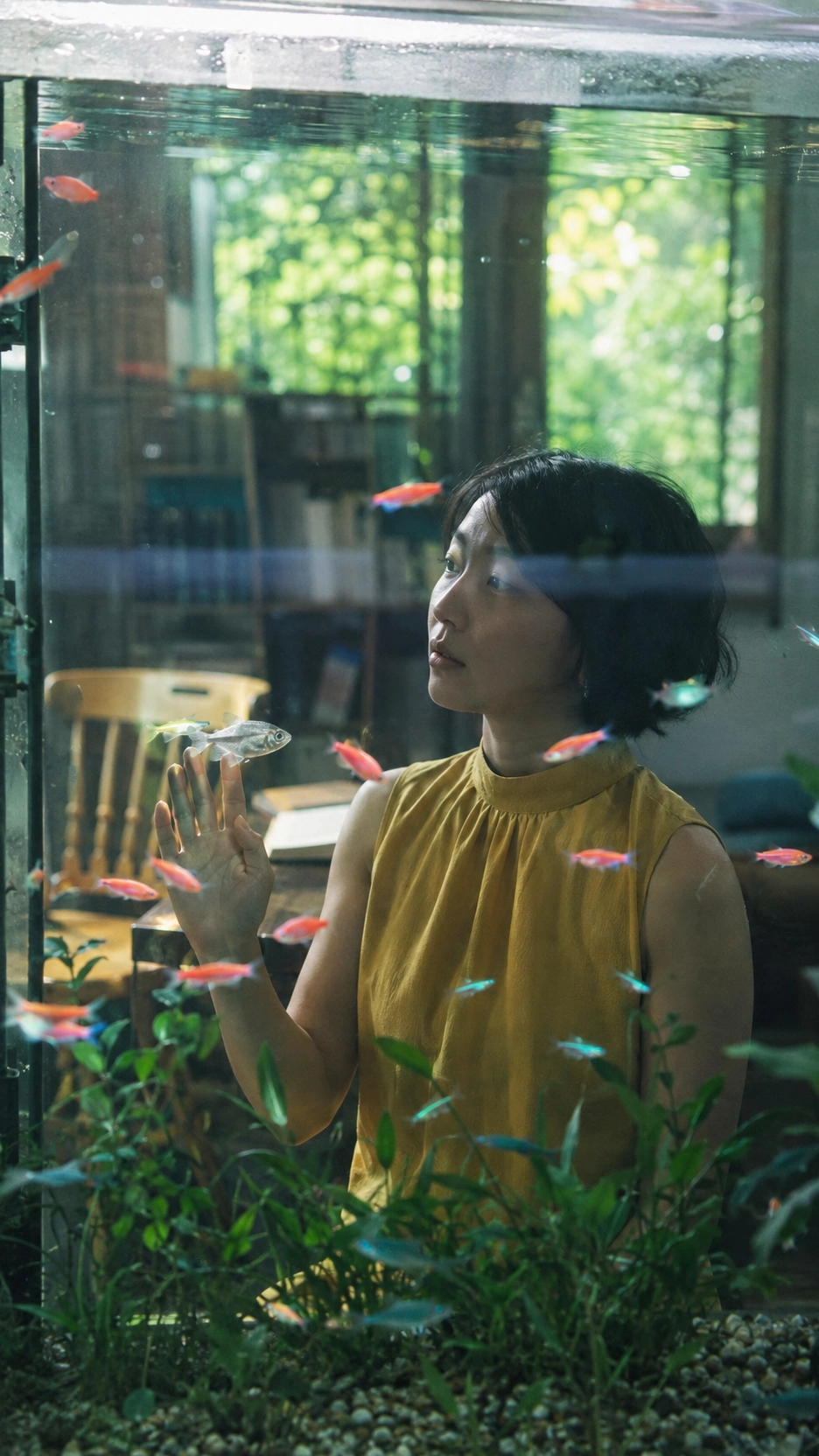 隔着水的房间｜玻璃内的鱼群与玻璃外的成年女性